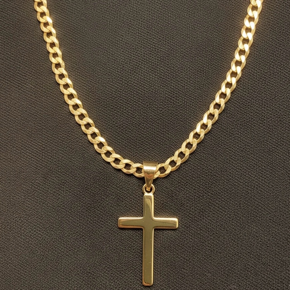 Gold Chain Cuban Curb 18in 20in 22in 24in 4mm and Plain Gold Cross .925 Italy